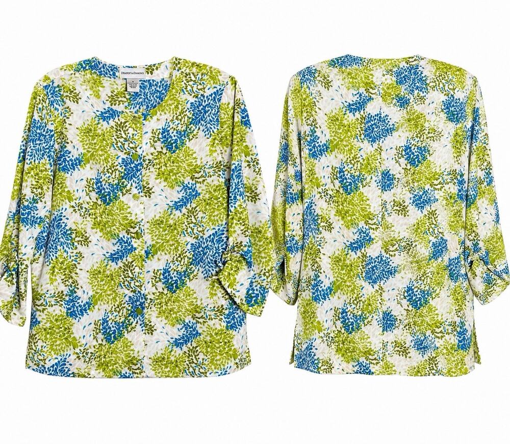 Draper’s & Damon’s Women Medium Floral Blouse Blue Green Roll Tab Sleeve Top